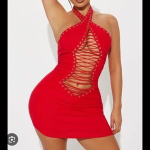 Fashion Nova Elegant Red Lace-Up Backless Dress